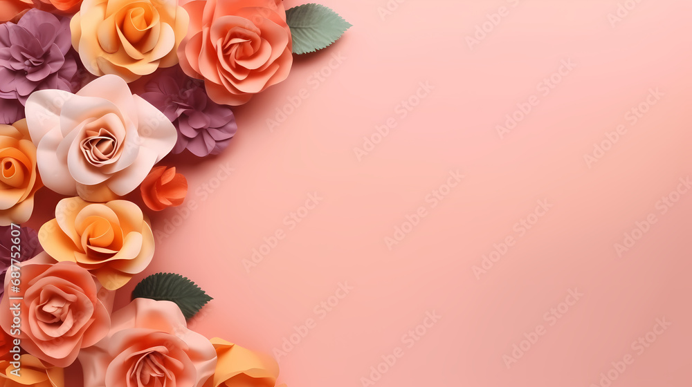 A pink and orange background empty mock up with roses and leaves A pink and orange background empty mock up with roses and leaves