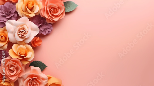 A pink and orange background empty mock up with roses and leaves