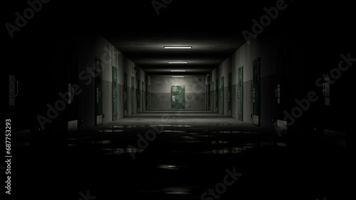 Empty prison corridor with lights turning on. Wet floor, locked doors, brick walls and megaphones hanging on the walls. 3d render. photo