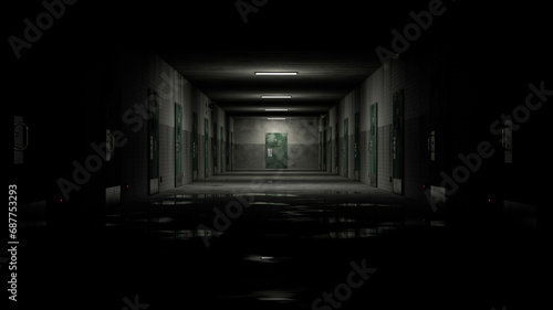 Bild auf Leinwand Empty prison corridor with lights turning on
