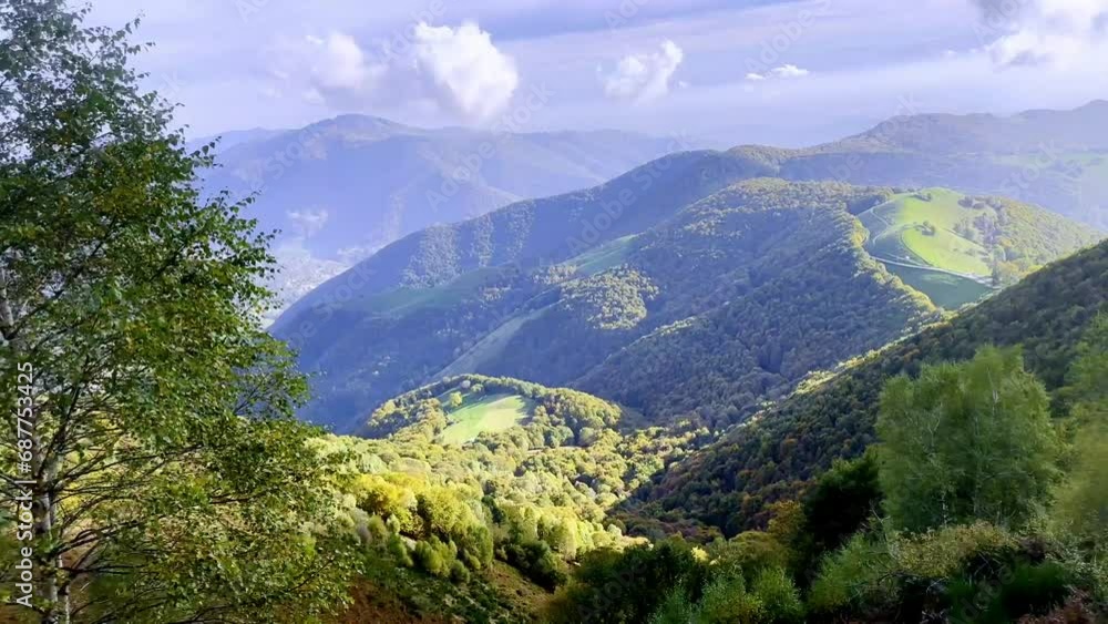Mountain Train with Window View on the Autumn Forest and Mountainscape and Mountain Valley in a Sunny Day with Clouds in Valley Muggio in Monte Generoso, Ticino, Switzerland, Europe Mountain Train with Window View on the Autumn Forest and Mountainscape and Mountain Valley in a Sunny Day with Clouds in Valley Muggio in Monte Generoso, Ticino, Switzerland, Europe