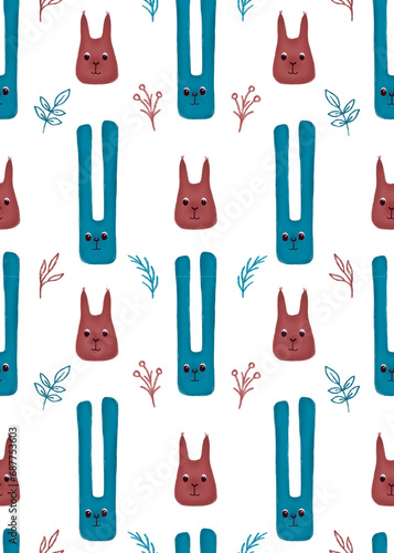 Cute seamless pattern with cute squirrels and bunnies, leaves, branches. Hand drawn vector illustration. Woodland cartoon animals background for fabric, textile, wrapping paper, clothing, scrapbooking