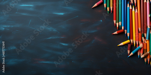 background with lines, Kids Chalk Images, School background. colour pencils on black background. top view, layout, Coloured pencils on white chalk board with copy space, Art colour pencils on board, 