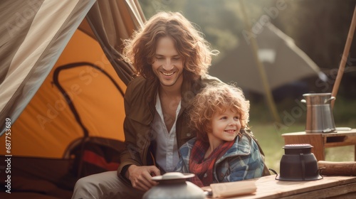 A man camping outdoors with his son.