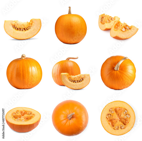 Whole and cut fresh ripe pumpkins isolated on white, set