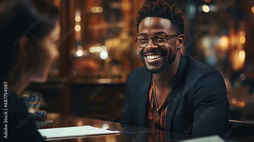 Proficient Black Financial Consultant Advising a Client with Expertise in a Sleek, Modern Office Setting Proficient Black Financial Consultant Advising a Client with Expertise in a Sleek, Modern Office Setting
