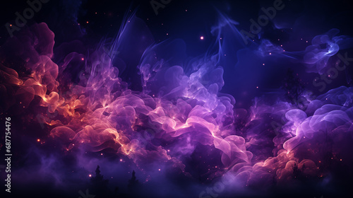 A purple background with mist, smoke, stars. Generative AI. 