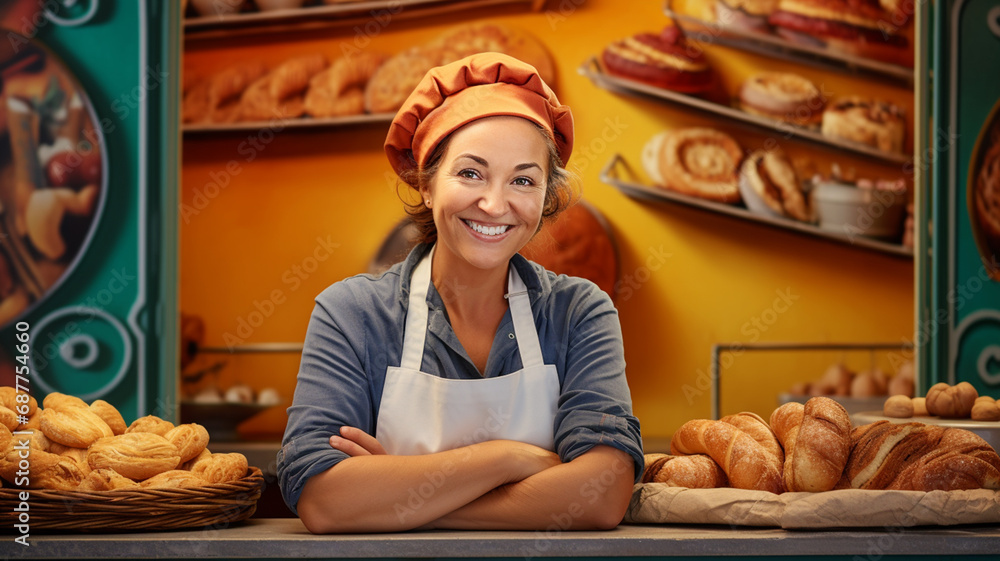 Portrait of happy woman working at her Mediterranean bakery - obrazy, fototapety, plakaty 