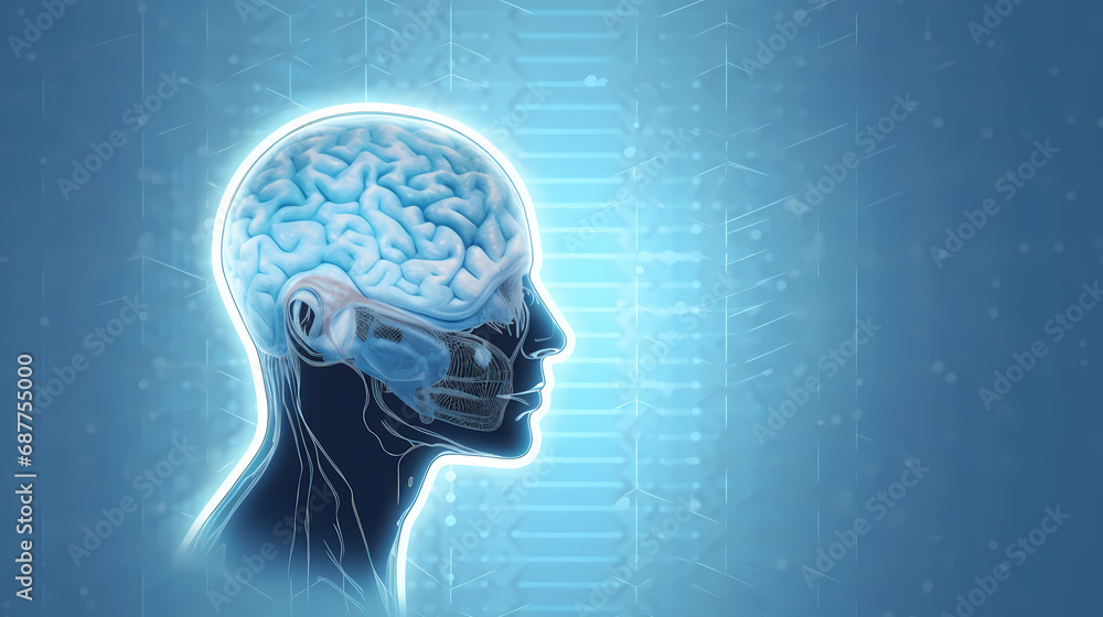 Obraz premium A blue and white image of a human head with the word brain on it