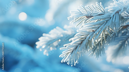 Fir tree branch in snow. Winter background with copy space
