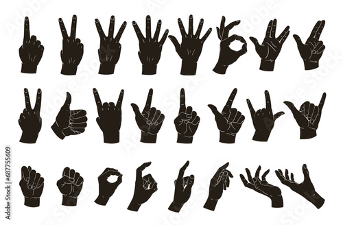 Hands silhouettes. Cartoon hand gestures, peace, okay and call position. Human hand gestures flat vector illustration set. Gesture silhouette collection