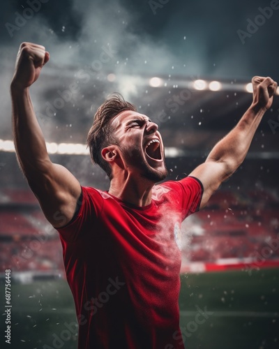 Soccer player in red jersey rejoicing over a scored goal
