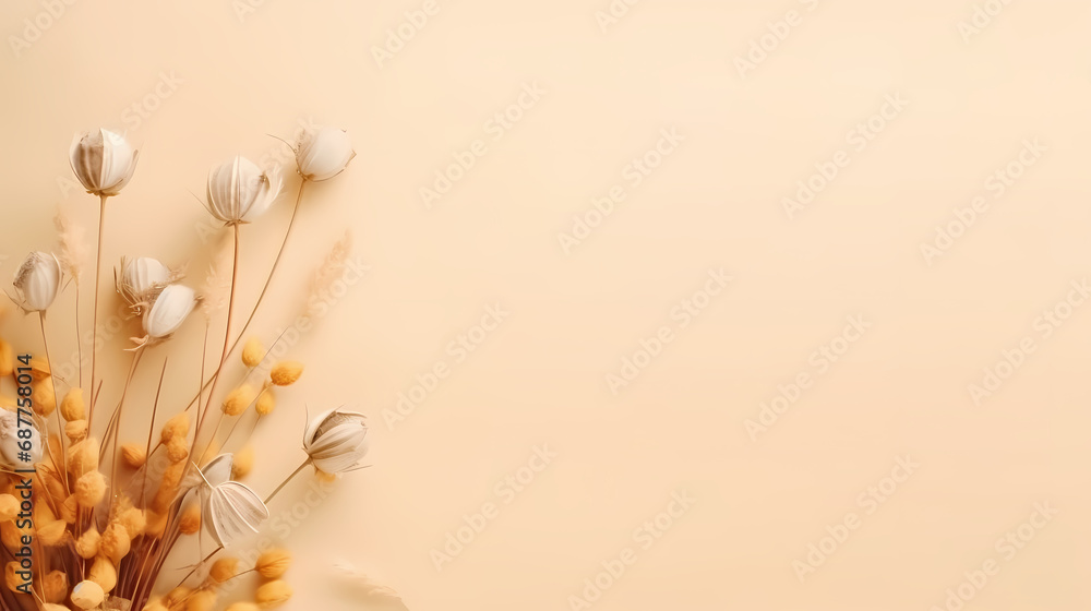 Fototapeta premium ripe dry herb on beige background. autumn dried flowers of neutral color. natural decor