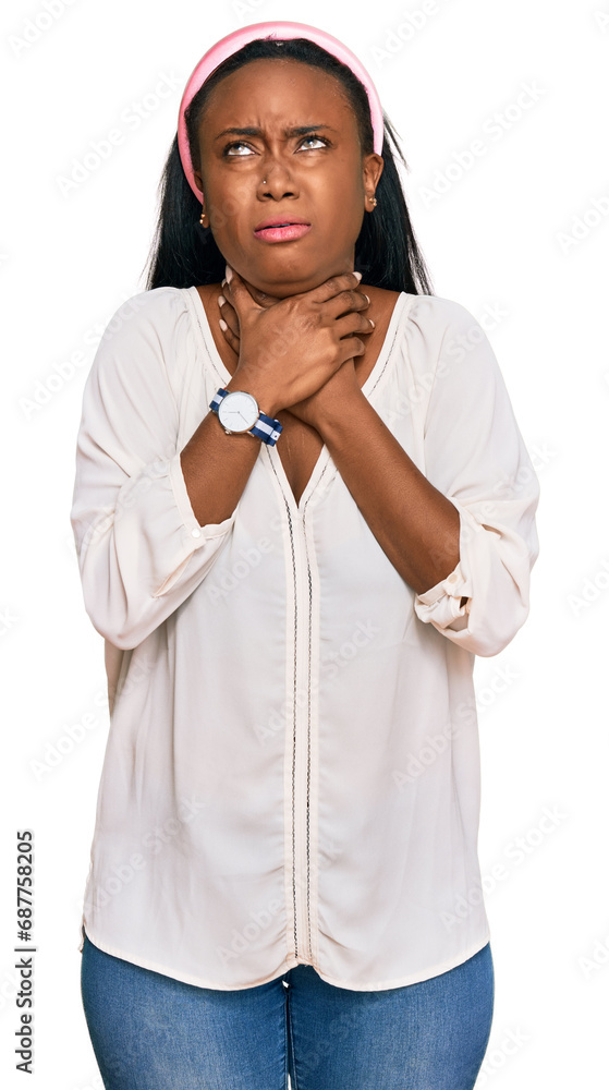 Young black woman wearing casual clothes shouting and suffocate because painful strangle. health problem. asphyxiate and suicide concept. Young black woman wearing casual clothes shouting and suffocate because painful strangle. health problem. asphyxiate and suicide concept.