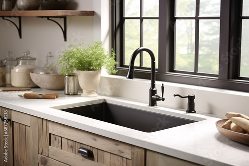 Highlight the beauty of a kitchen sink featuring black fixtures and soap, emphasizing rustic details and natural textures. 