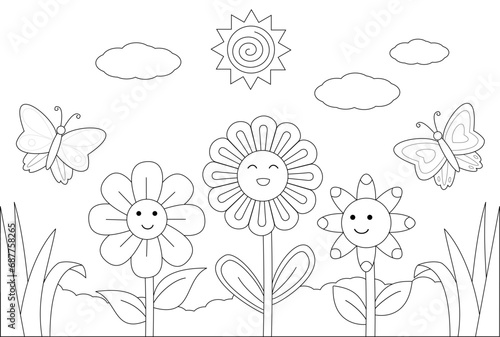 Coloring page, flower theme with butterflies and sunshine
