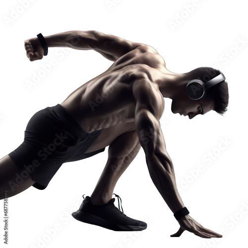 Man doing sport using wireless headphones on transparent background, technology concept, generative ai