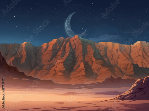 A painting depicting a desert mountain with a shimmering crescent in the sky, showcasing the mountain's realistic details and desert texture.