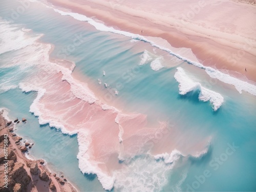 Top view of amazing pastel pink blue beach 