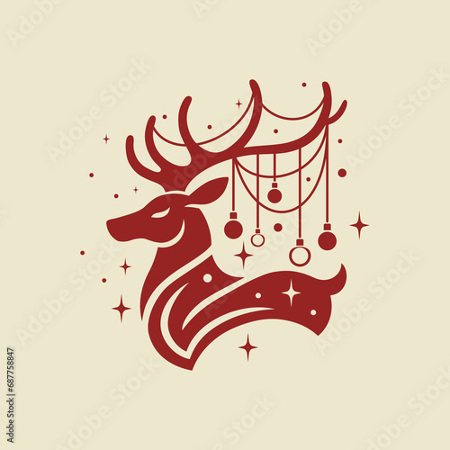 Renifer z sznurem świątecznych światełek w porożu. Świąteczna ilustracja wektorowa do wykorzystania jako kartka na Boże narodzenie.