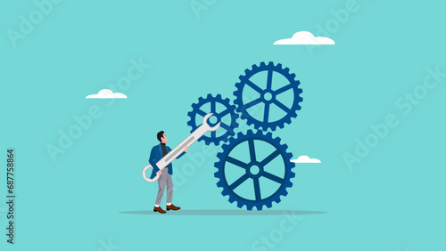problem solving illustration with the concept of an entrepreneur who brings the key to fixing problems, problem solving skill, businessman present the big key