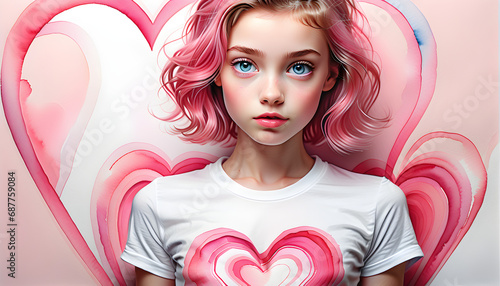 Exploring the Diversity of Eye Colors and Stylish Charms of Beautiful Women Wearing Heart Motif T-Shirts.(Generative AI)