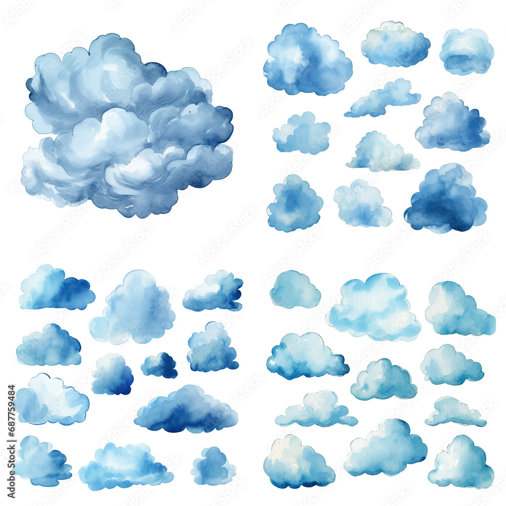 Watercolor set of blue white and gray clouds on a transparent background Watercolor set of blue white and gray clouds on a transparent background