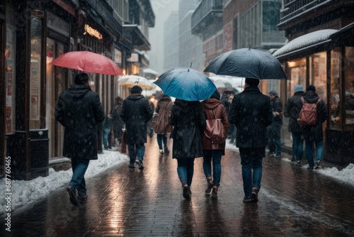 Winter Commute: City Pedestrians with Umbrellas