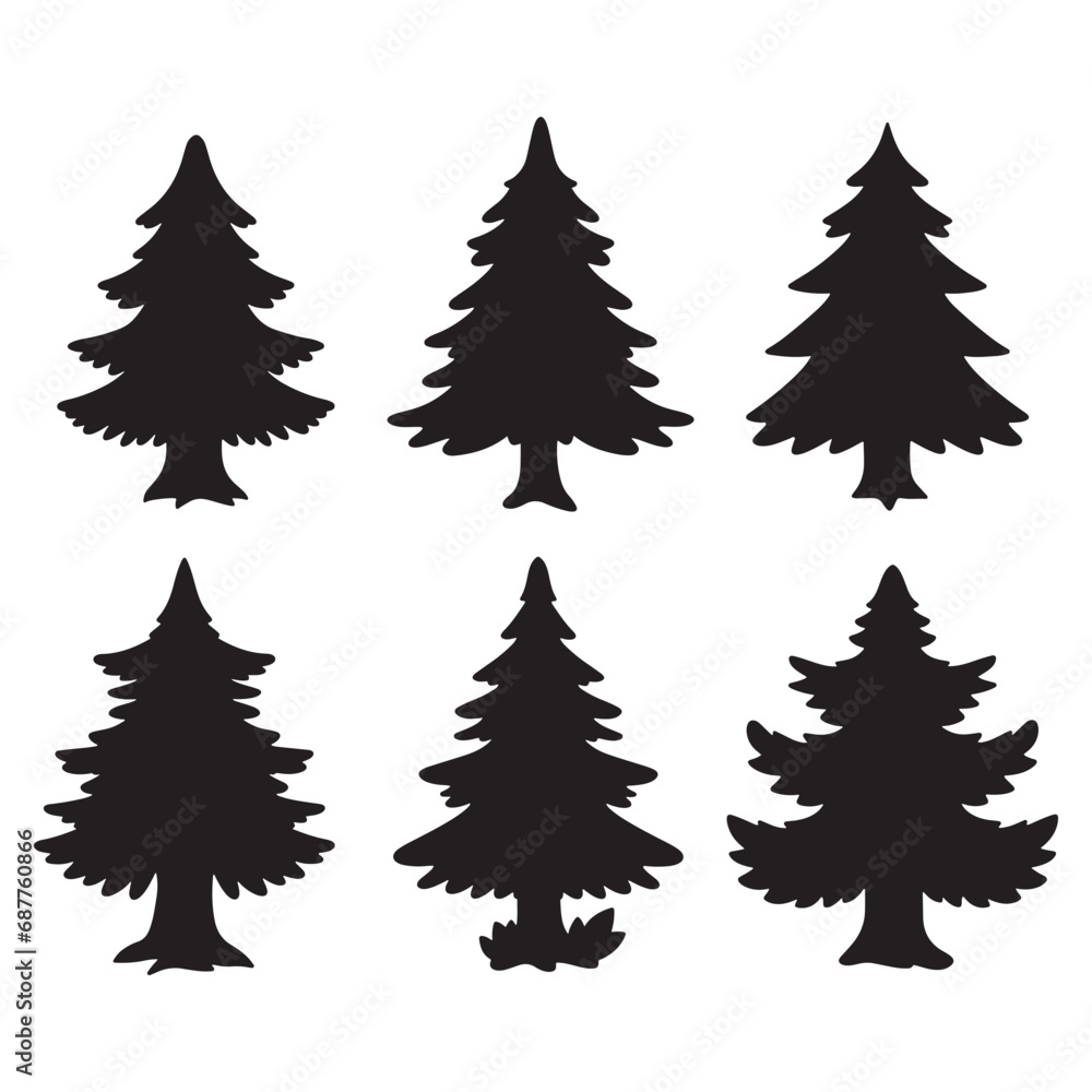 Obraz premium Isolated tree on the white background. Tree silhouettes. set of tree pine silhouette collections. Set for the design of various works, brochures, posters. 