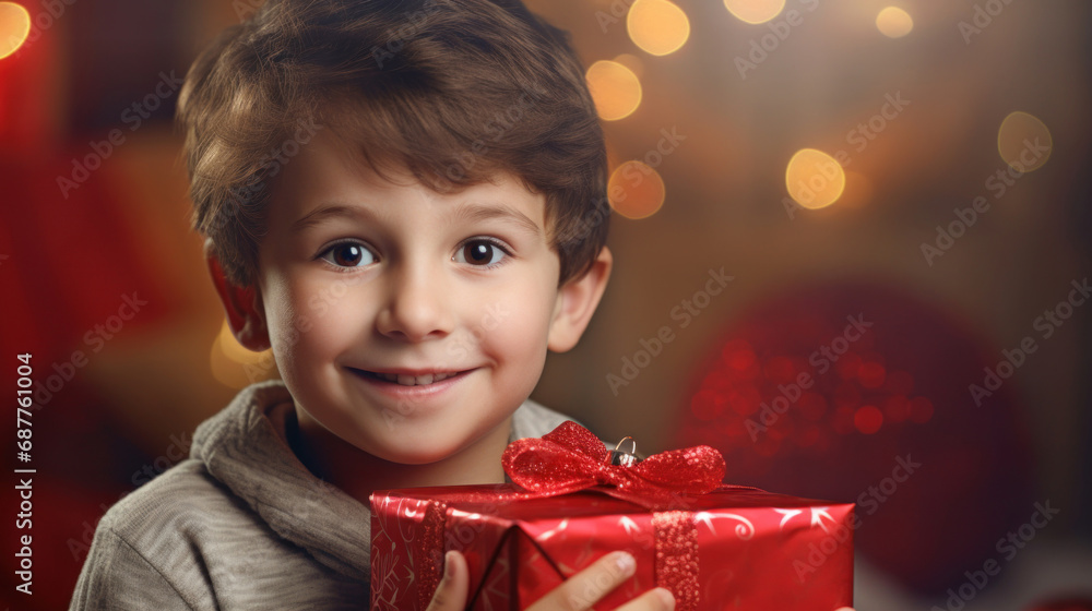 Little boy with a gift box on the background of the Christmas tree Little boy with a gift box on the background of the Christmas tree