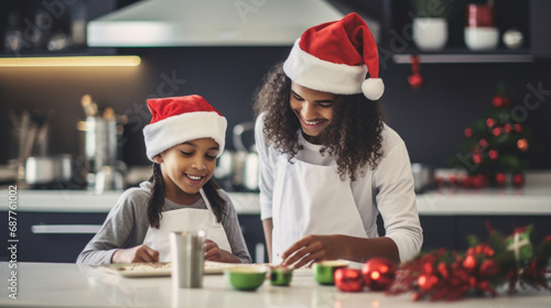 Beautiful african american mother and daughter in Santa hats making christmas cookies in kitchen at home