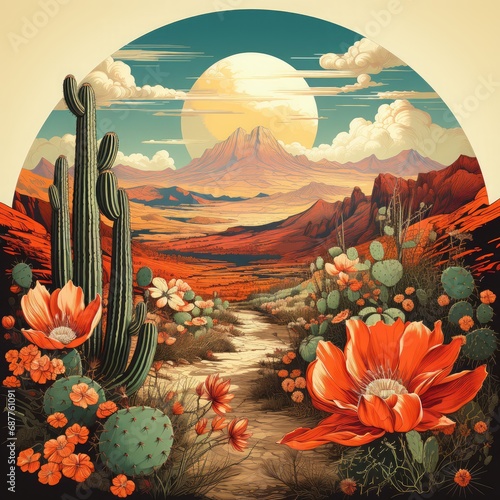 Desert landscape with flowers and cactuses.