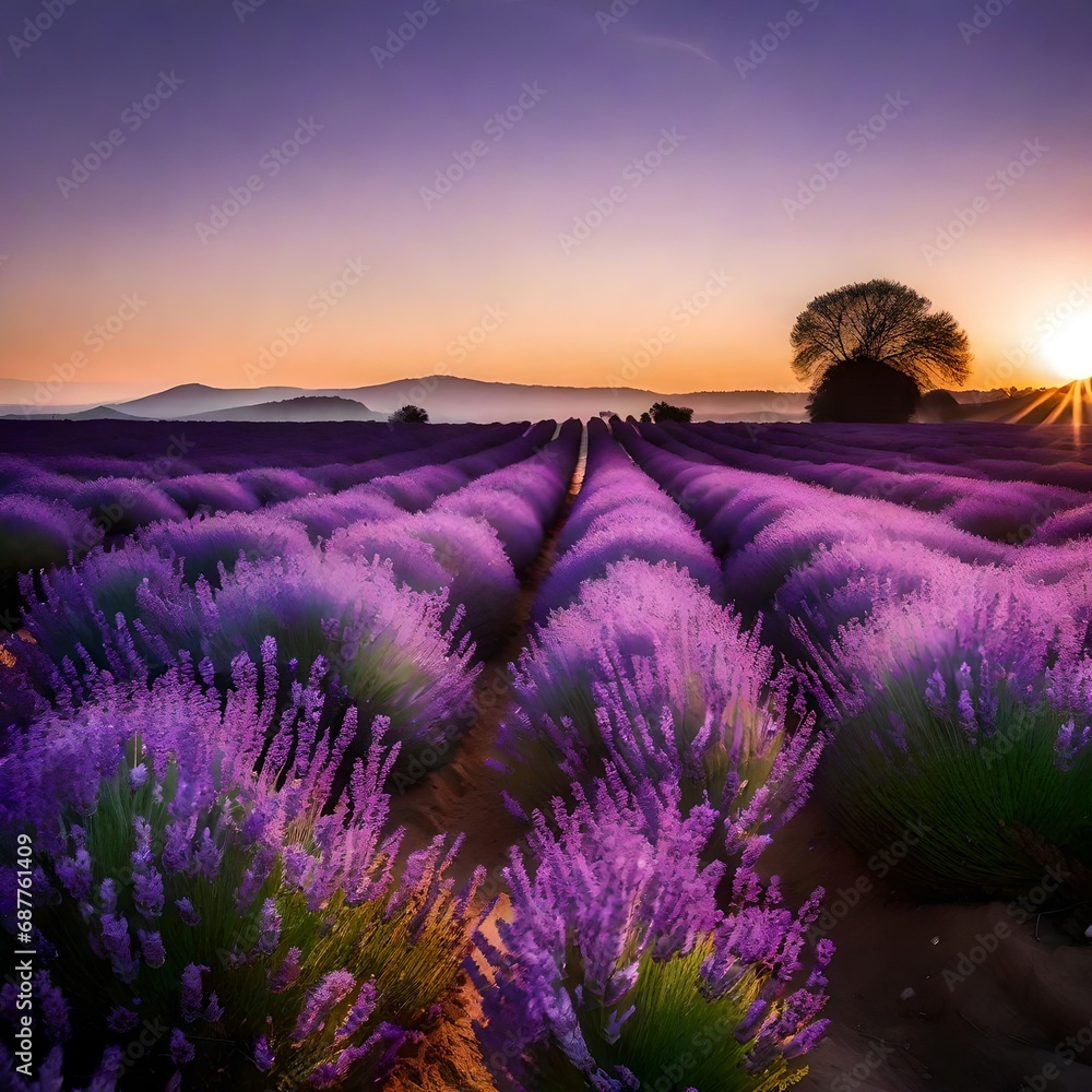 Fototapeta premium lavender field at sunrise near some trees