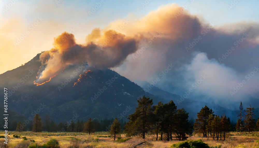 Fototapeta premium Intense forest fire raging through trees, billowing smoke against a fiery backdrop, symbolizing nature's resilience and destruction