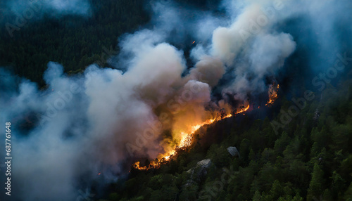 Intense forest fire raging through trees, billowing smoke against a fiery backdrop, symbolizing nature's resilience and destruction