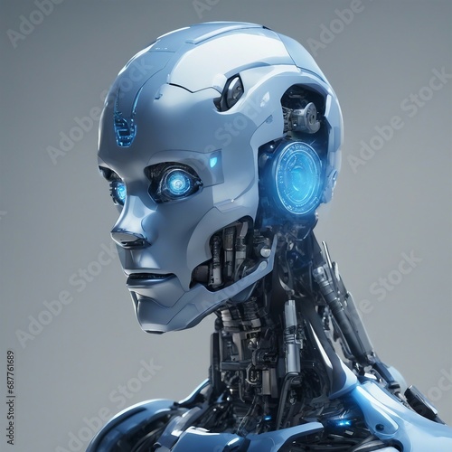 imagine the concept of a artifictial intelligence robot, a blue glow in the head,realistic,hyperdeta