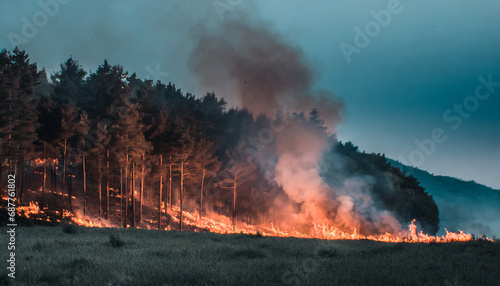 Intense forest fire raging through trees, billowing smoke against a fiery backdrop, symbolizing nature's resilience and destruction