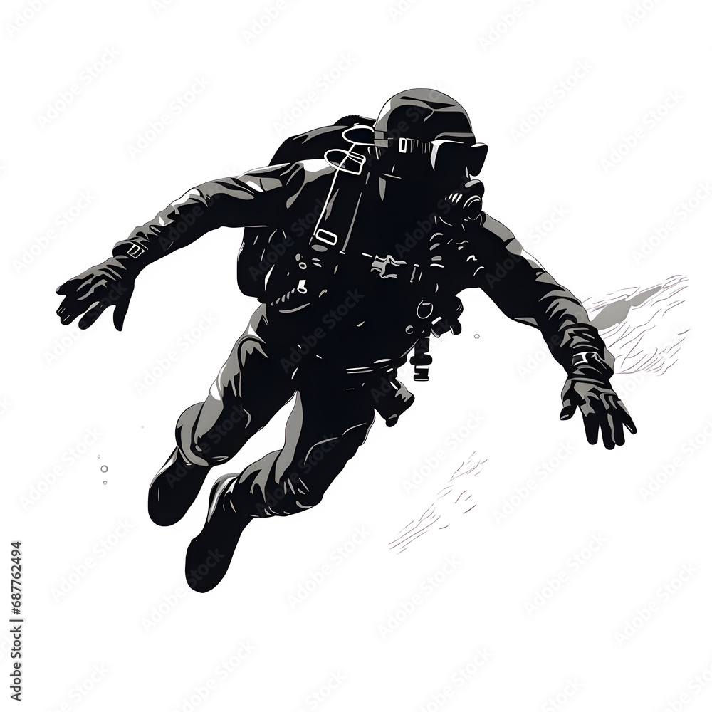 scuba diver in scuba mask silhouette, in the style of human-canvas integration, wetcore, high-angle, supple forms, black, 2D vector, isolated on transparent background Generative AI scuba diver in scuba mask silhouette, in the style of human-canvas integration, wetcore, high-angle, supple forms, black, 2D vector, isolated on transparent background Generative AI