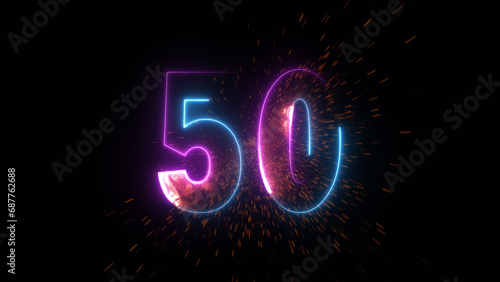 Luminous in the dark, vibrant neon light, number fifty in a 3D render.