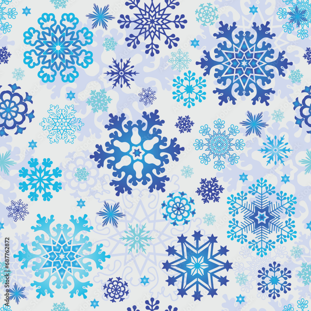 Vector hand drawn Christmas seamless pattern with gradient snowflakes and stars on white background Vector hand drawn Christmas seamless pattern with gradient snowflakes and stars on white background