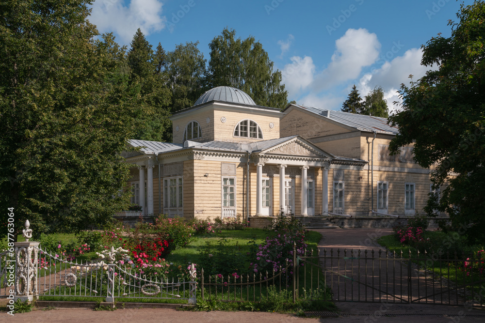View of the Pavilion of Roses (Pink Pavilion) in Pavlovsky Park — landscape park as part of the Pavlovsk State Museum-Reserve on a sunny summer day, St. Petersburg, Russia View of the Pavilion of Roses (Pink Pavilion) in Pavlovsky Park — landscape park as part of the Pavlovsk State Museum-Reserve on a sunny summer day, St. Petersburg, Russia