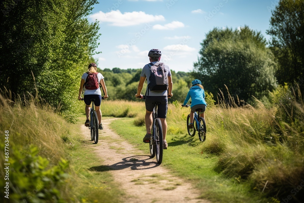 Family Bike Ride Along Lush Green Path

