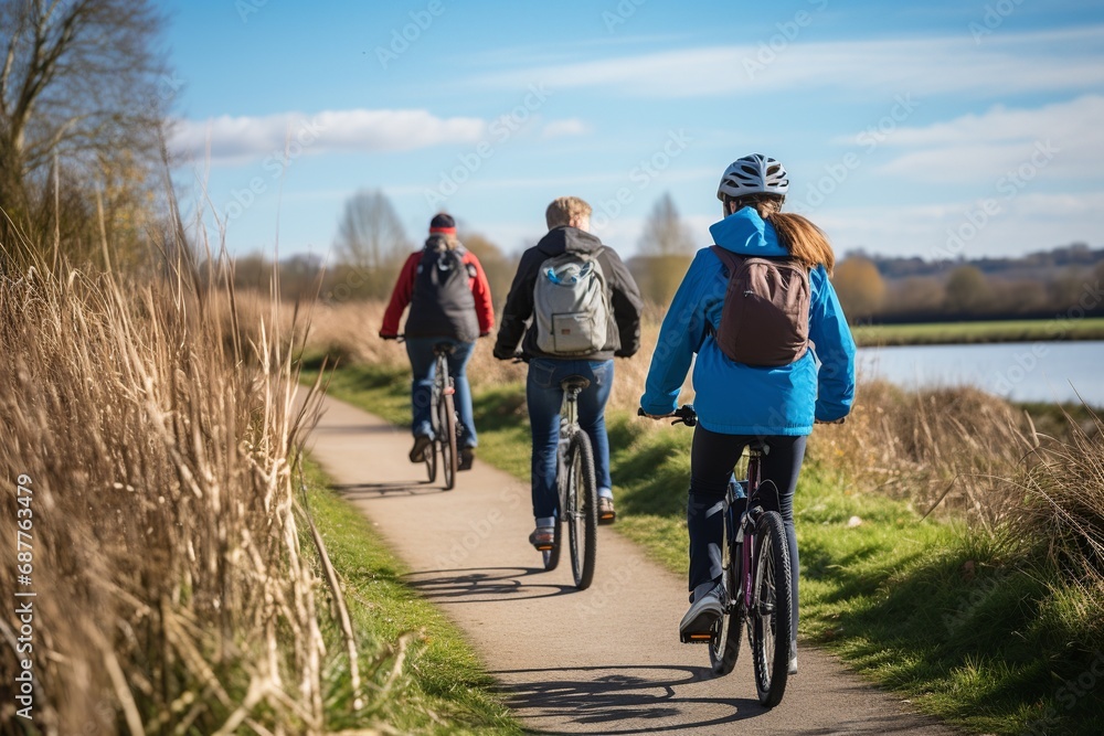 Family Bike Ride Along Lush Green Path

