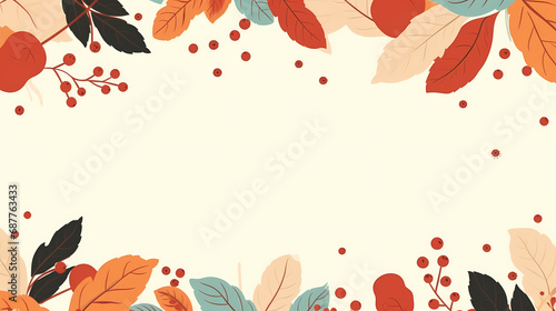 Hand drawn horizontal banner pattern with autumn bright leaves and berries in retro color template. Flat doodle style. Vector illustration.