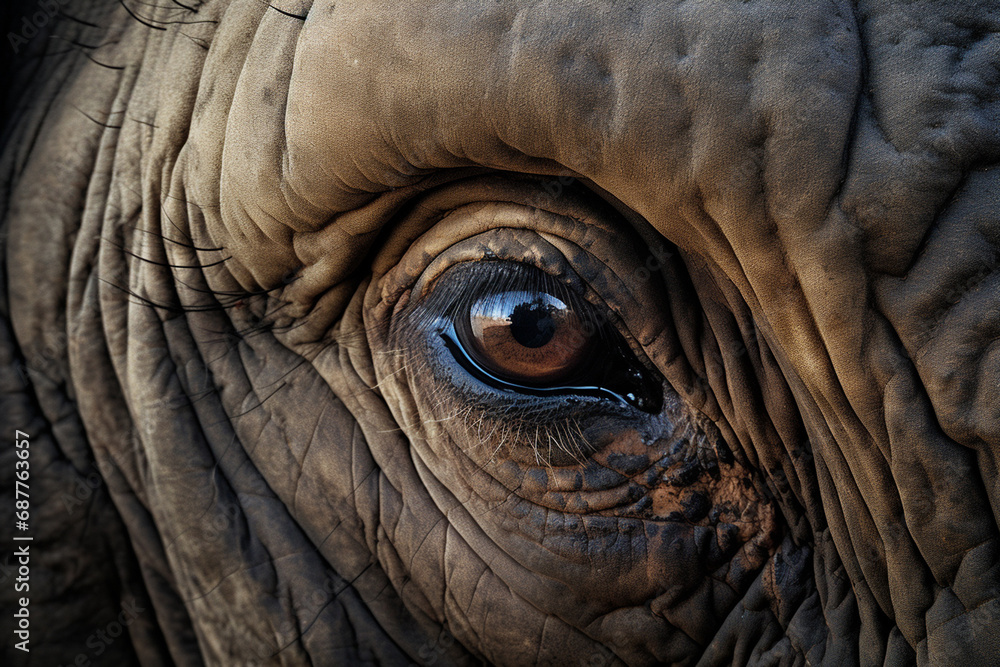 Mesmerizing close-up of elephant's eyes, front and center, making for compelling banner image. Direct gaze creates strong emotional connection, while copy space. Generative AI. Mesmerizing close-up of elephant's eyes, front and center, making for compelling banner image. Direct gaze creates strong emotional connection, while copy space. Generative AI.