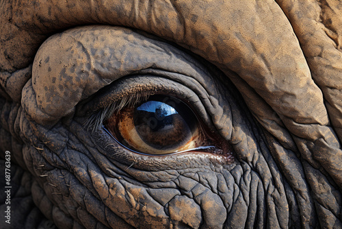 Mesmerizing close-up of elephant's eyes, front and center, making for compelling banner image. Direct gaze creates strong emotional connection, while copy space. Generative AI. © Surachetsh