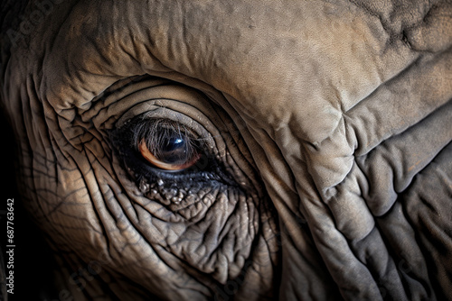 Mesmerizing close-up of elephant's eyes, front and center, making for compelling banner image. Direct gaze creates strong emotional connection, while copy space. Generative AI.