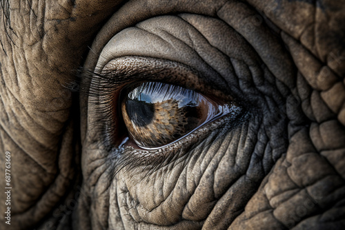 Mesmerizing close-up of elephant's eyes, front and center, making for compelling banner image. Direct gaze creates strong emotional connection, while copy space. Generative AI. © Surachetsh