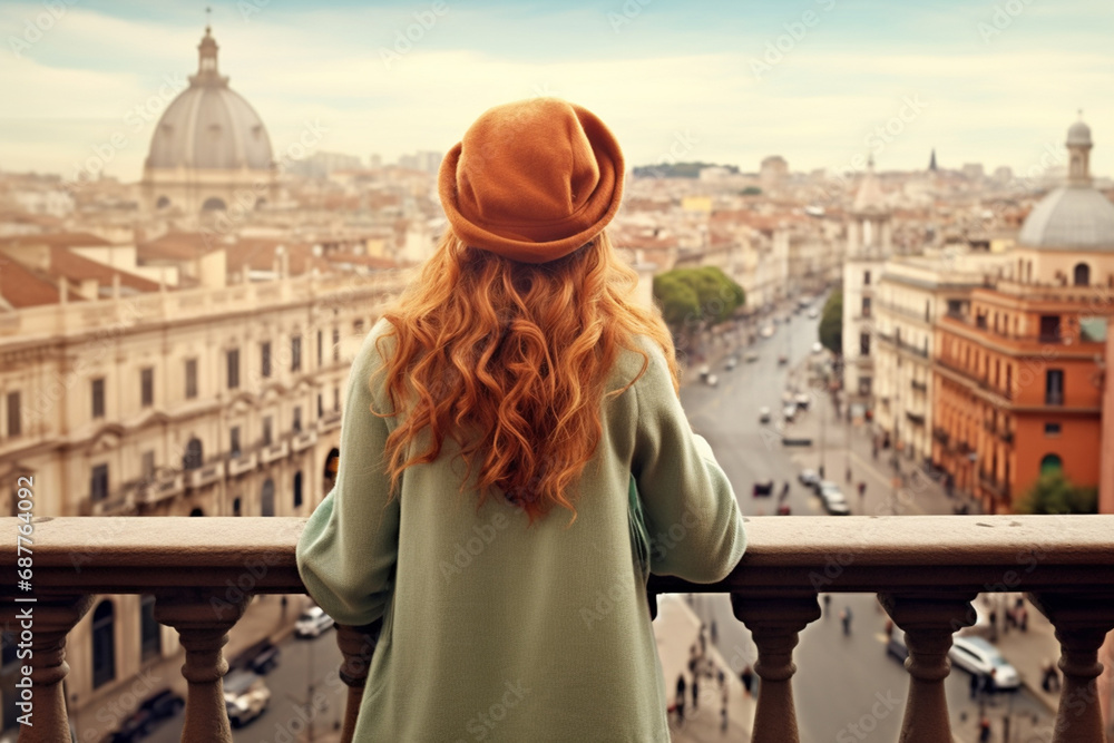 The portrait view of a female tourist with curly hairstyle is looking at the Florence city landscape from the railing balcony on a sunny day, shot from behind. Generative AI.