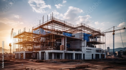 Construction background: A Construction site of large residential commercial building, some already built, large metal structure with bright sky background.